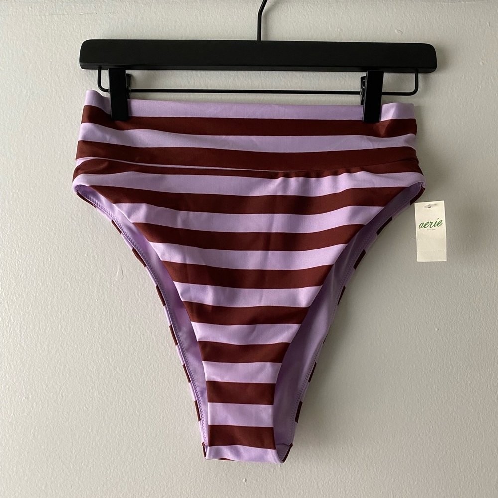 Aerie Purple Striped High Cut Cheeky Bimini Bottoms M